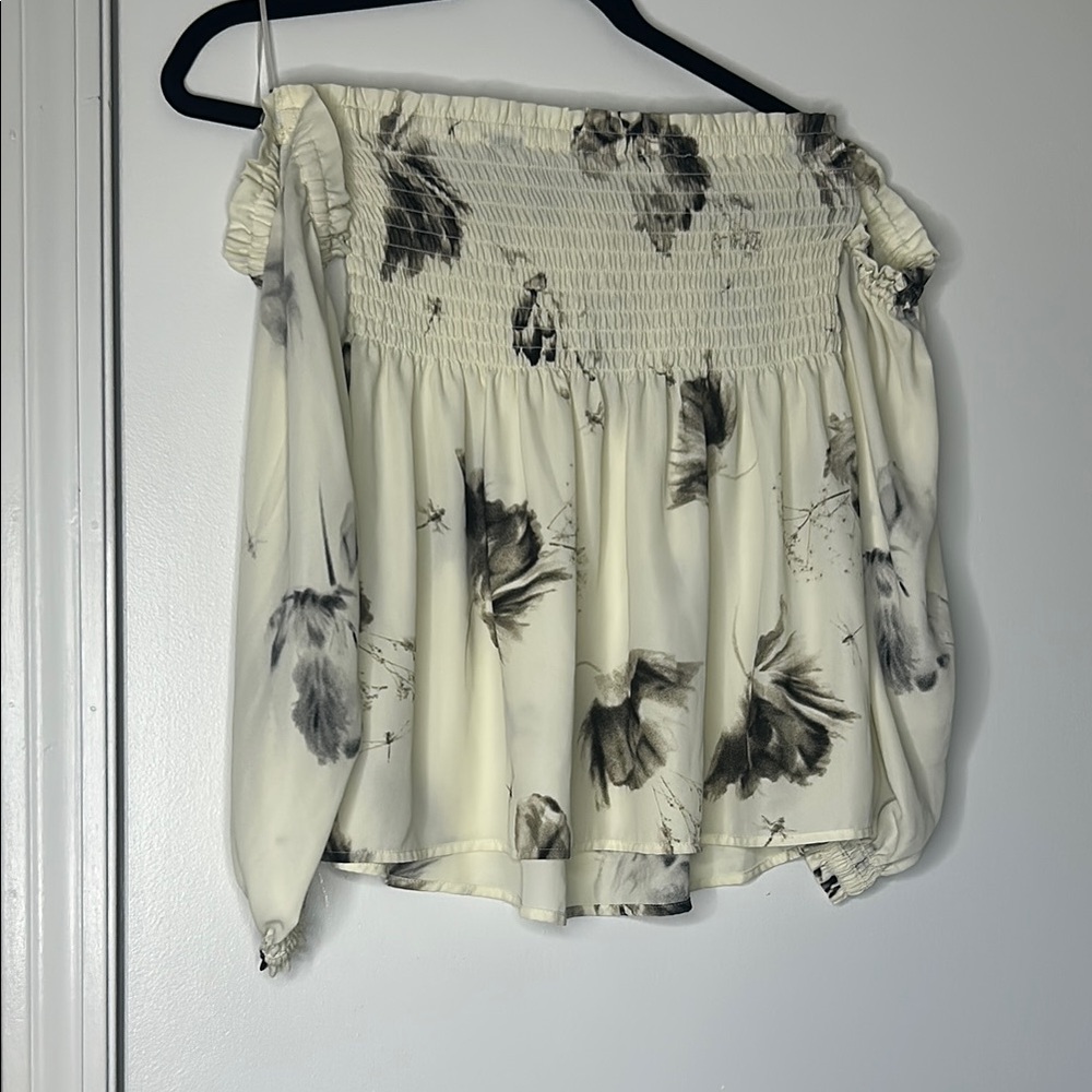 Express Off-Shoulder Floral Blouse - Cream and Black